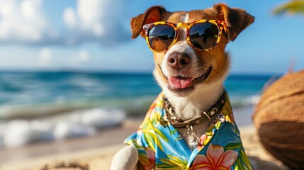 Dog wearing Hawaiian shirt and sunglasses enjoying a tropical cocktail on the beach during spring break and summer vacation - obrazy, fototapety, plakaty