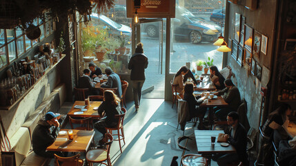 A lively cafÃ© filled with the delightful sounds of friends catching up over a lunch break, creating an inviting atmosphere brimming with conversation and laughter.