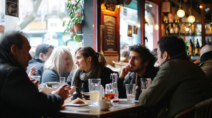 A lively cafÃ© filled with the delightful sounds of friends catching up over a lunch break, creating an inviting atmosphere brimming with conversation and laughter.