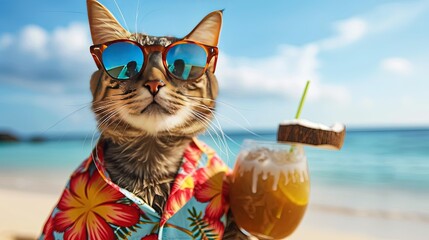 Cat wearing Hawaiian shirt and sunglasses enjoying a tropical cocktail on the beach during spring break and summer vacation - Powered by Adobe