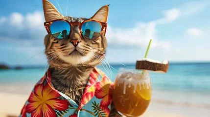 Foto op Plexiglas Cat wearing Hawaiian shirt and sunglasses enjoying a tropical cocktail on the beach during spring break and summer vacation © Brian