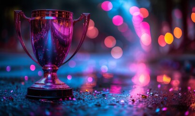 A winner trophy cup set against abstract purple and pink lights blur blinking background. Generative AI