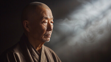 A wise and tranquil monk exuding wisdom and inner peace. His shaved head symbolizes humility and his serene demeanor radiates tranquility. - obrazy, fototapety, plakaty