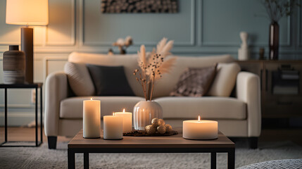 Fototapeta na wymiar Cozy Living Room With Furniture and Candles