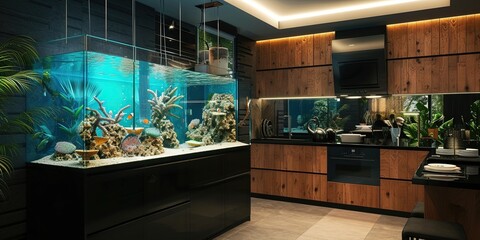 Aquarium inside a home - luxurious exotic fish concept with blue glow and corral inside the bedrooom.