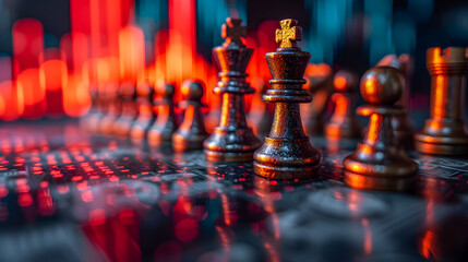 Illuminated chess pieces on a digital financial graph, depicting strategic investment and planning.
