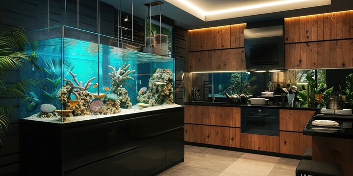 Aquarium inside a home - luxurious exotic fish concept with blue glow and corral inside the bedrooom.