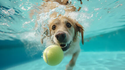 Dog Swimming in Pool With Tennis Ball in Mouth - obrazy, fototapety, plakaty