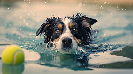 Dog Swimming in Pool With Tennis Ball - obrazy, fototapety, plakaty