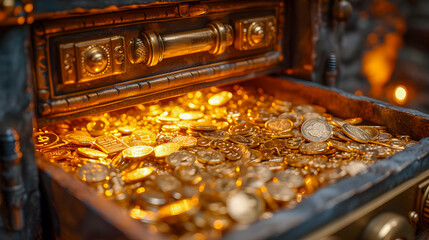 Open treasure chest filled with gold coins in a warm glowing light, symbol of wealth.
 - obrazy, fototapety, plakaty