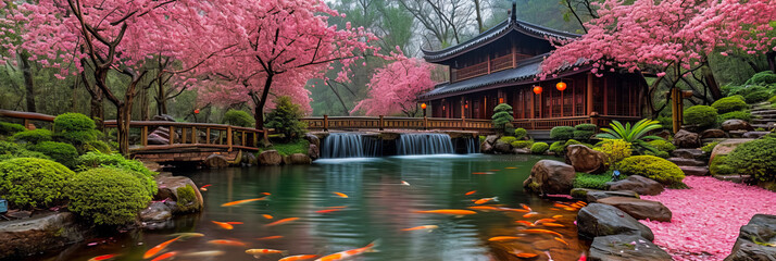 Japanese Garden. Cherry Blossom. Koi Pond in Full Bloom