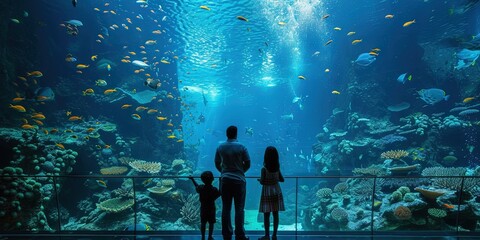 Silhouette of a family enjoying the aquarium - bright blue water filled with tropical fish and sea...