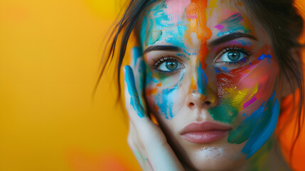 Woman With Painted Body Resting Her Hands on Her Face