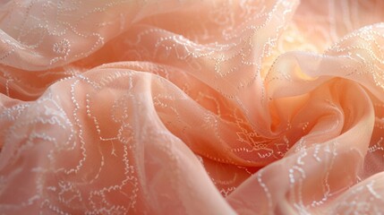 A zoomed-in shot of a Peach Fuzz lace fabric, showcasing its intricate patterns and fine threads against the soft peach background