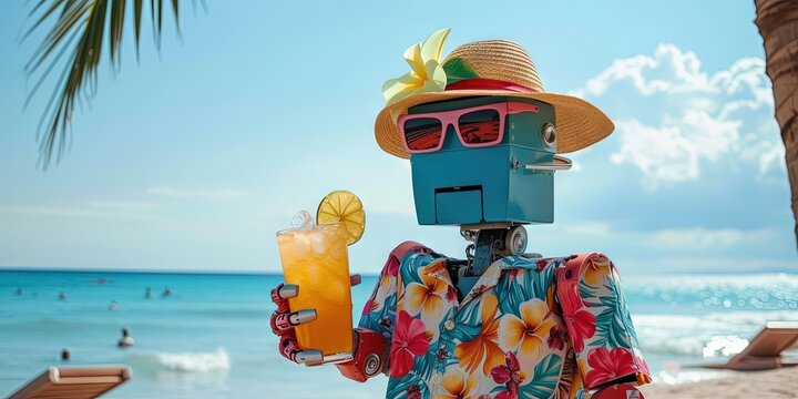 Robot on vacation on a tropical beach with Hawaiian shirt, straw hat, cocktail, and sunglasses. Sunny day with artificial intelligence and machine learning taking time off