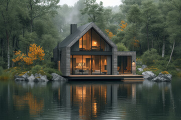 Fototapeta na wymiar A serene lakeside cabin with large windows overlooking nature, providing an escape from the hustle and bustle of daily life. Concept of lakeside retreat. Generative Ai.