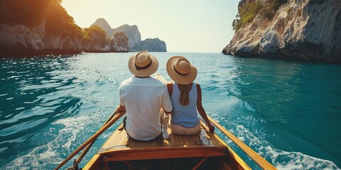 Couple vacationing on a boat in the water. Romantic date idea for getaways during summer and spring seasonal travel - obrazy, fototapety, plakaty
