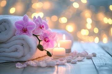 Obraz na płótnie Canvas blurred and bokeh background with Towels , Candles, Orchid, Spa setting and white wooden table flooring