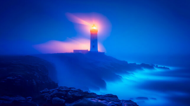 Lighthouse beams playfully dance and twirl, creating a vibrant light show along the coastal horizon