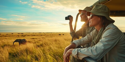 Tourist couple on an African safari to view wildlife in an open grassy field as the sun comes up. 