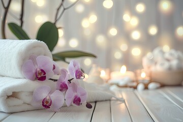 blurred and bokeh background with Towels , Candles, Orchid, Spa setting and white wooden table flooring