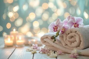 Obraz na płótnie Canvas blurred and bokeh background with Towels , Candles, Orchid, Spa setting and white wooden table flooring