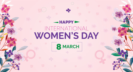 Happy Women's Day 8 March. Women's Day greeting banner design with flowers and a purple color