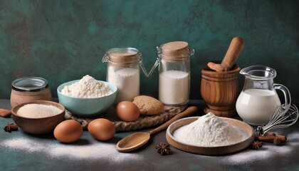 Fototapeta na wymiar ingredients for baking and kitchen utensils