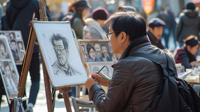 Talented street artist showcasing their skills and drawing colorful caricatures at a vibrant city festival. Energy and creativity fill the air as spectators gather around the artist, capturi