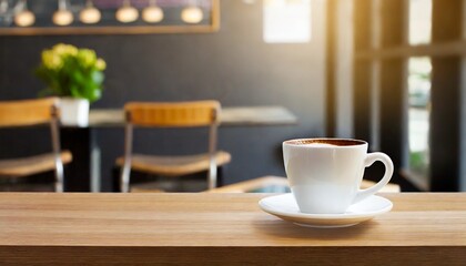Fototapeta na wymiar coffee cup on wooden table in a coffee shop mock up photo ai