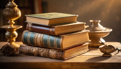 vintage antiquarian books pile on wooden surface in warm directional light selective focus - obrazy, fototapety, plakaty