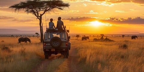 Tourist couple on an African safari to view wildlife in an open grassy field as the sun comes up.  - obrazy, fototapety, plakaty