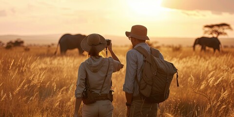 Tourist couple on an African safari to view wildlife in an open grassy field as the sun comes up. 