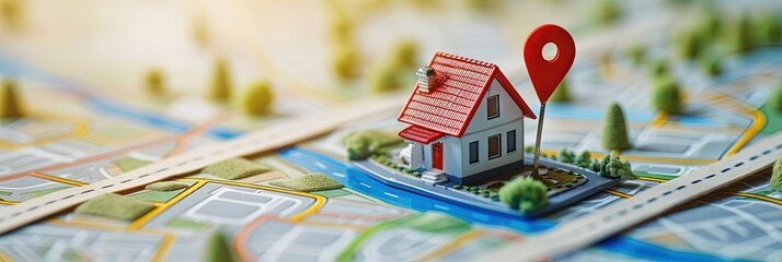 Toy miniature house on map with GPS location for real estate residential neighborhood concept - obrazy, fototapety, plakaty