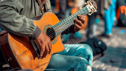 A mesmerizing street musician exuding raw passion while strumming a guitar, capturing the essence of street culture and artistic expression.