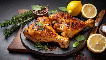 grilled chicken thighs with spices and lemon - obrazy, fototapety, plakaty