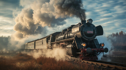 Fototapeta na wymiar A Steam Engine Train Traveling Through a Rural Countryside