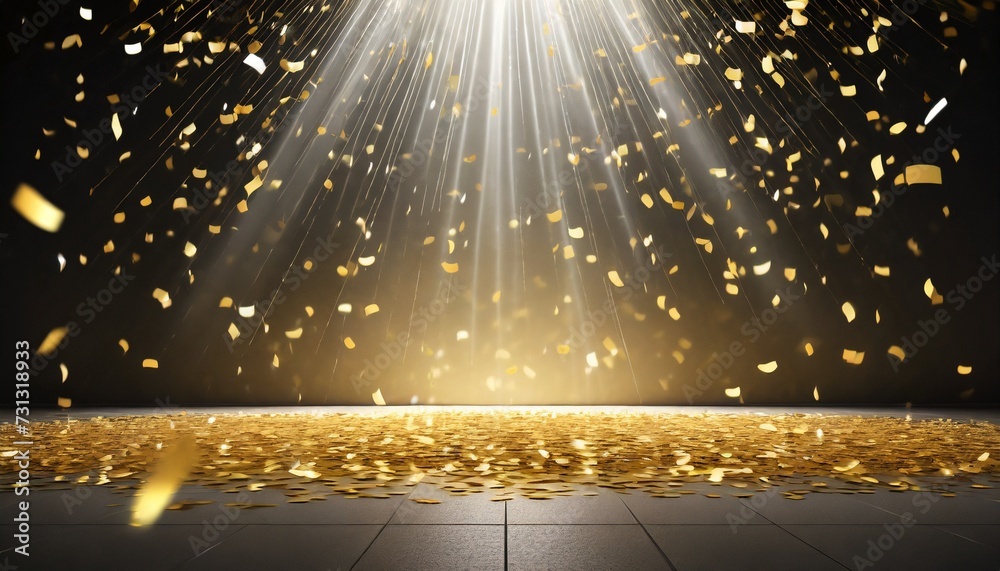 Poster golden confetti rain on festive stage with light beam in the middle empty room at night mockup with copy space for award ceremony jubilee new year s party or product presentations