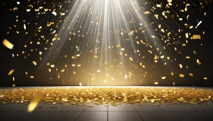 golden confetti rain on festive stage with light beam in the middle empty room at night mockup with copy space for award ceremony jubilee new year s party or product presentations