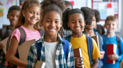 Fototapeta premium a group of cheerful children with backpacks, holding books and smiling at the camera, likely standing in a school hallway