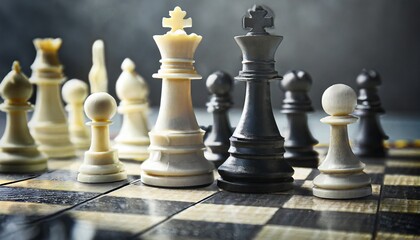 white and black pieces on chess board - obrazy, fototapety, plakaty