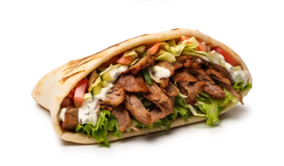 Foto op Plexiglas Kebab sandwich on a white background. © Tanuha