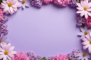  Frame of flowers on a soft purple background