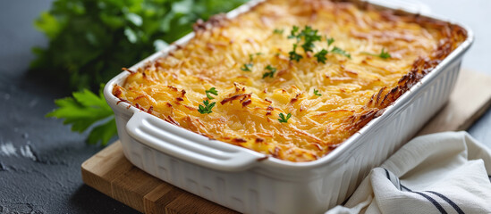 Potato kugel is a baked dish of grated potatoes, eggs, onions, and sometimes matzo or flour, seasoned with salt and pepper. - obrazy, fototapety, plakaty