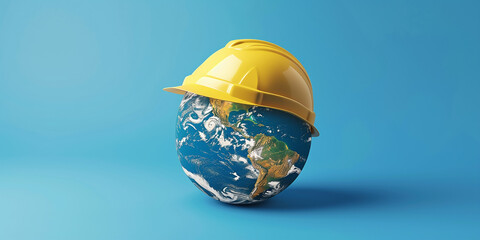 planet earth wearing a construction helmet on a blue background