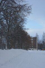 Finland's beautiful snowy winter city, Varkaus. The central part of the city with houses, shops, infrastructure.