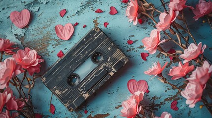 vintage audio cassette Surrounded by pink Petals 
