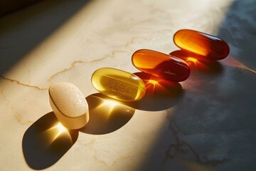 Nutritional supplements bathed in sunlight on a marble surface. wellness and health concept with vitamins. still life, simple and elegant composition. AI - obrazy, fototapety, plakaty