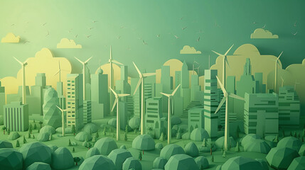 Green, paper-cut city. concept of saving ecology and green energy