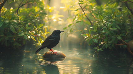 black small bird on a stone in the middle of forest on river